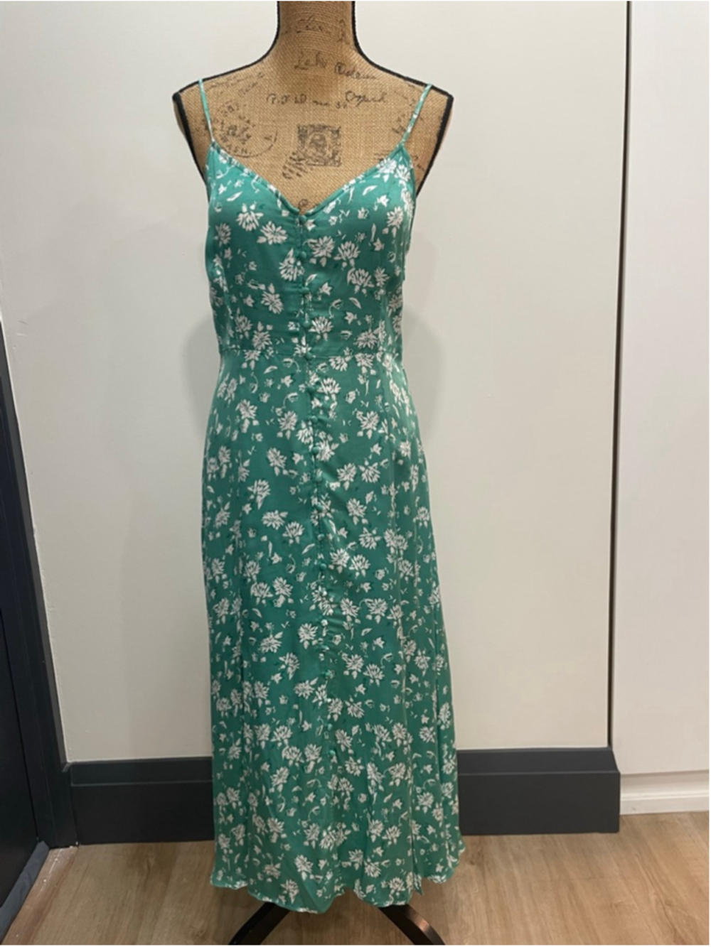 SUNCOO PARIS Green Floral Button Front Maxi Dress L Slit Milkmaid Cottage